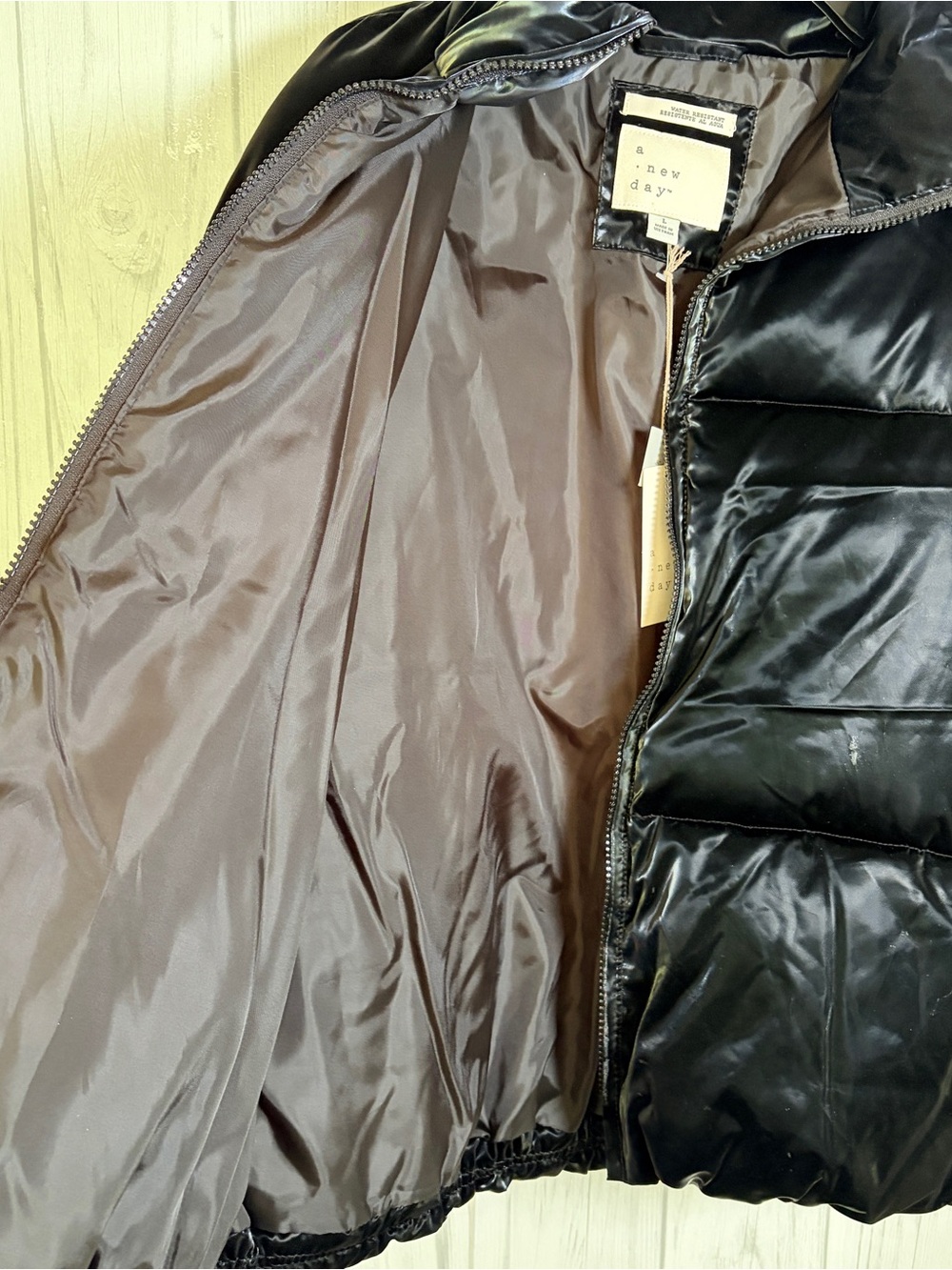 A NEW DAY NWT‎ Glossy Black Puffer Jacket, Large - Picture 3 of 12